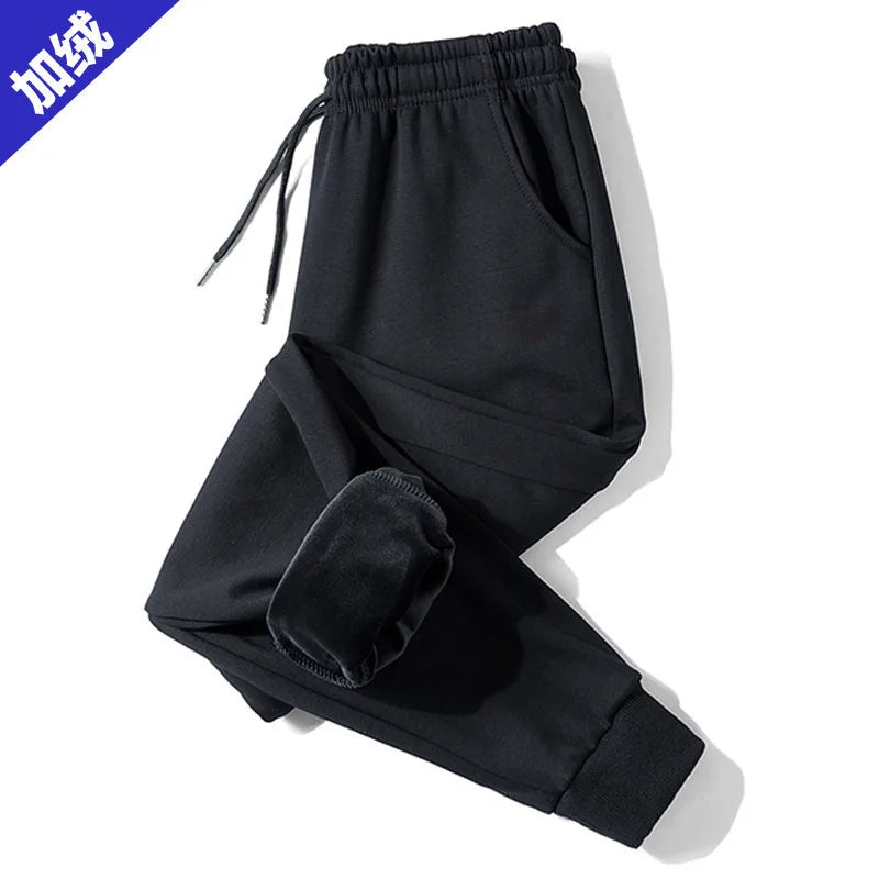 Casual Fleece Lined Drawstring Trousers Sporty Autumn Winter New Style Pure Black Warm Sweatpants Straight Fit for Men