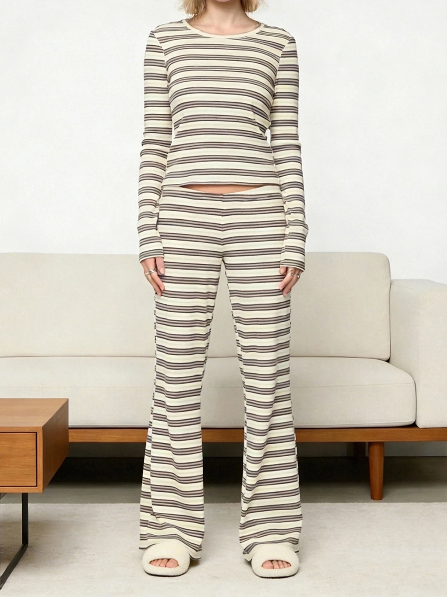 XBTCLXEBCOCN Womens Cozy Pajama Set With Striped Long Sleeve Top