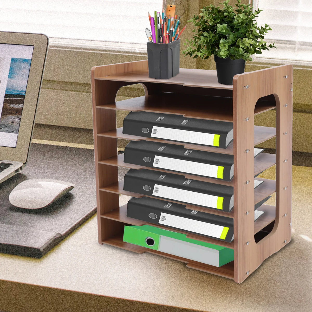 Wooden Desktop Paper Organizer With Seven Tier File Holder and Letter Tray