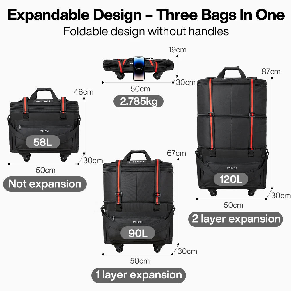 Mixi Foldable Travel Bag With Wheels Expandable Duffel