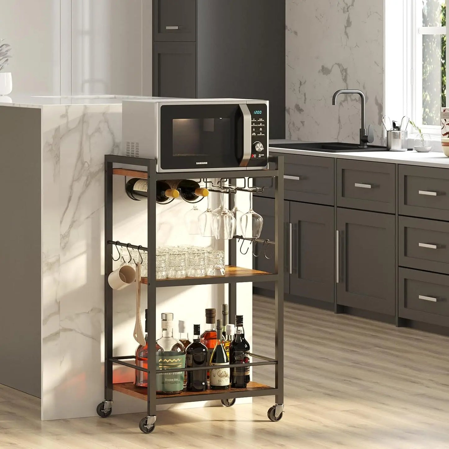Home Bar Serving Cart With Wine Rack And Glass Holders
