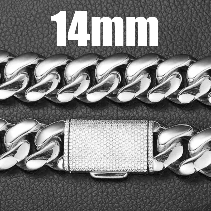 8/10/12/14mm  Solid Stainless Steel Cuban Miami Link Chain Necklaces for Men Hip Hop Bling Iced out Rapper Jewelry