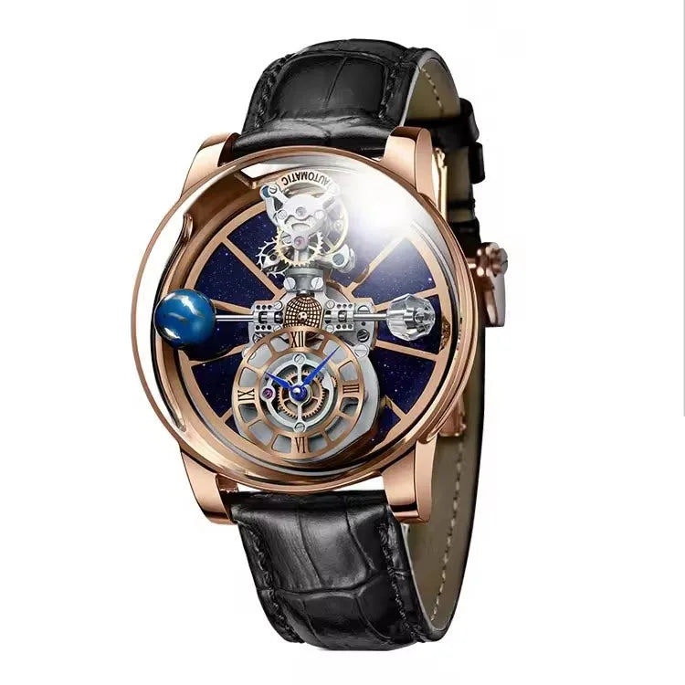 PINDU Transparent Hollow Celestial Roulette Quartz Leather Mens Watch