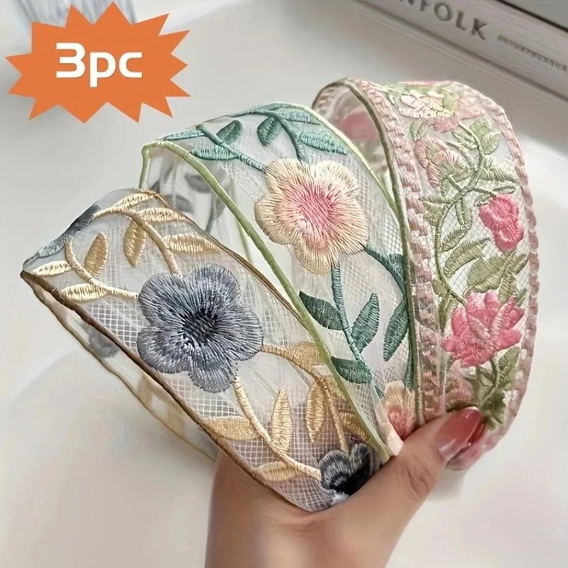 Three Pack Embroidered Floral Headbands Polyester Hair Accessories