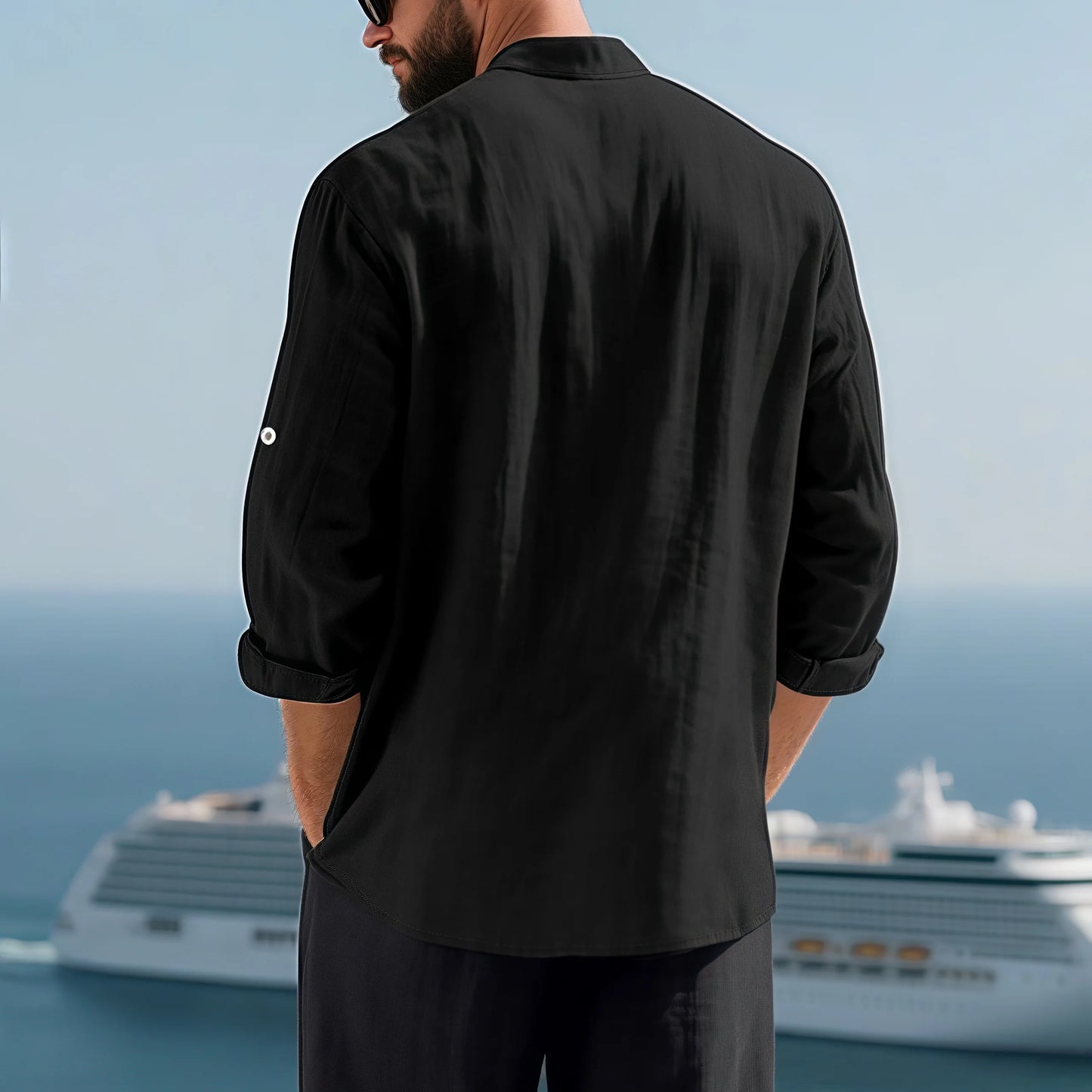 Men Linen Button Down Shirt With Mandarin Collar Long Sleeve Chest Pocket