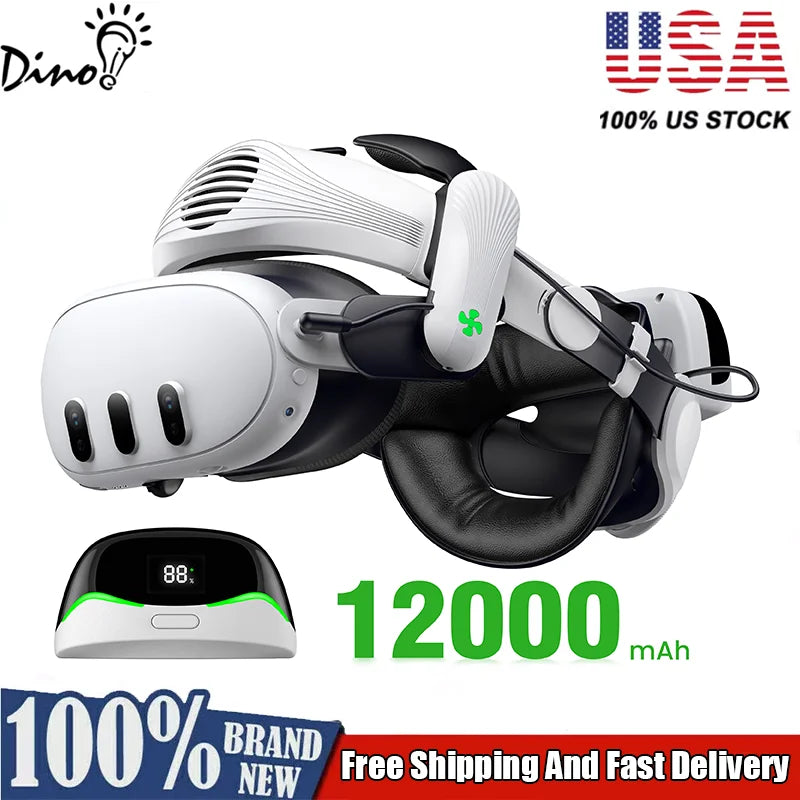 DinoFire VR Air Circulation Head Strap for Meta Quest 3/3S｜Cooling Fan, 12000mAh Hot-Swappable Magnetic Battery, Ergonomic Design