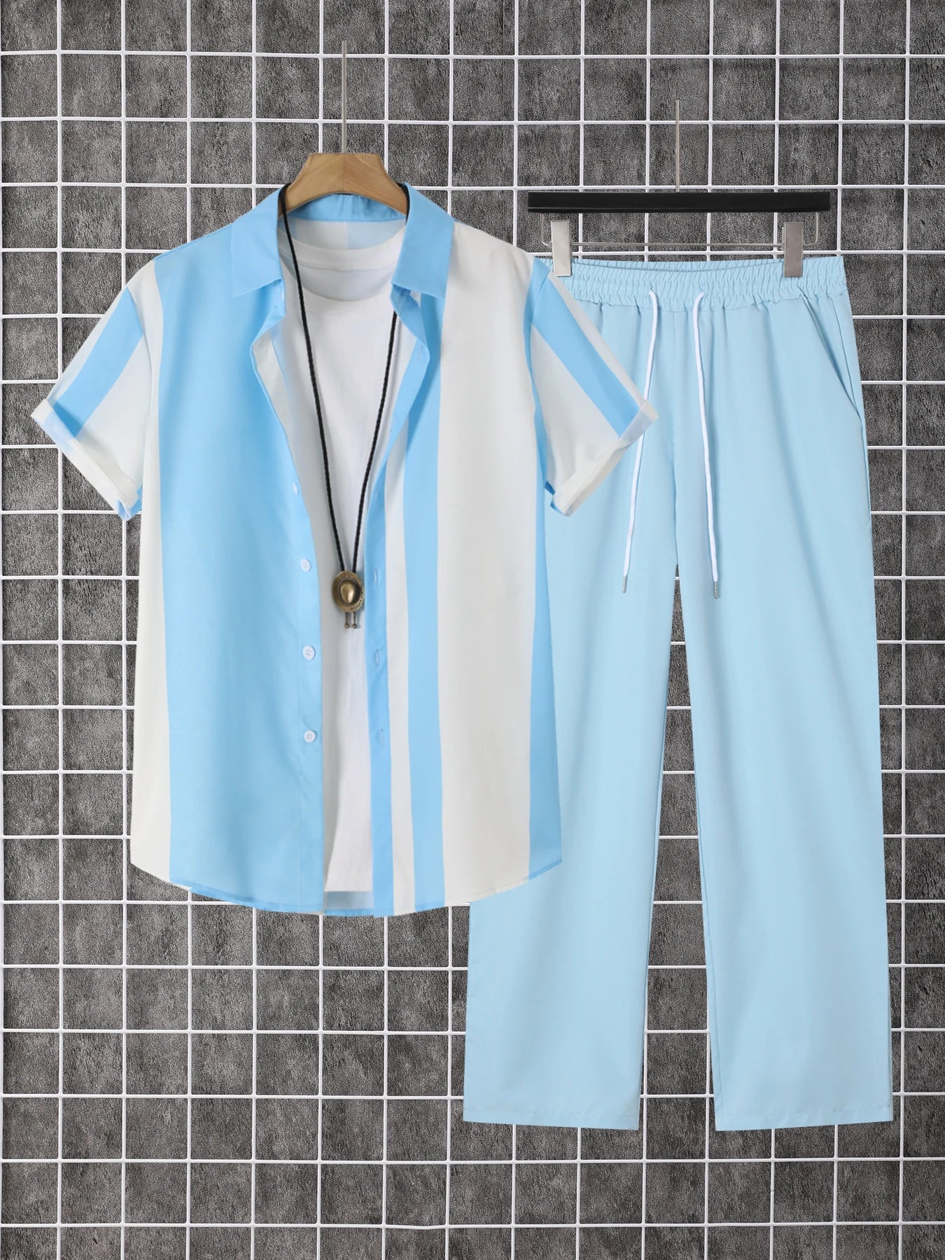 Printed Men's Short Sleeve Shirt And Pants Set Summer Travel