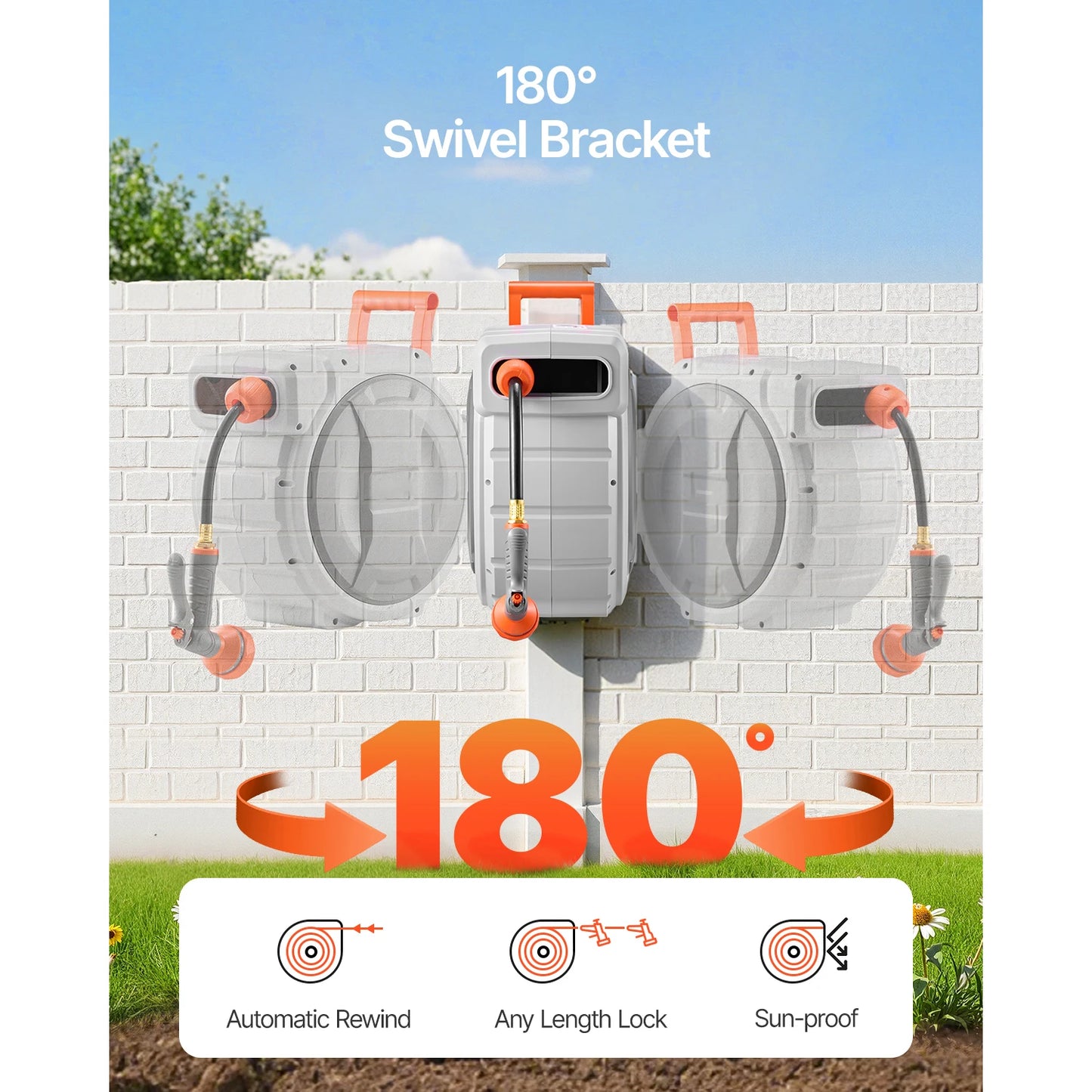 SucceBuy Retractable Garden Hose Reel 9-Pattern Nozzle 180 Degree Bracket