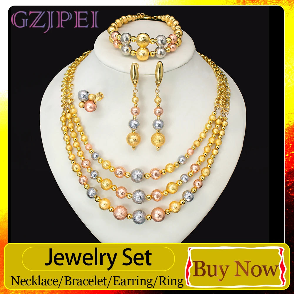 GZJPEI Four Piece Multi Layer Three Tone Beads Jewelry Set