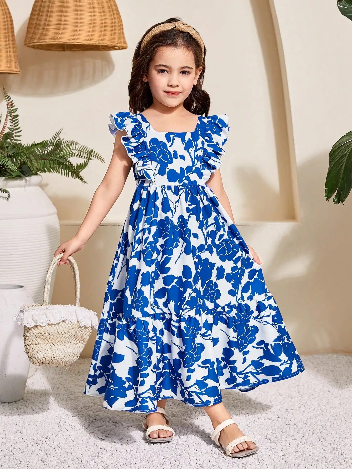 Girls Floral Print Ruffle Sleeve Bow Back Cutout Maxi Dress