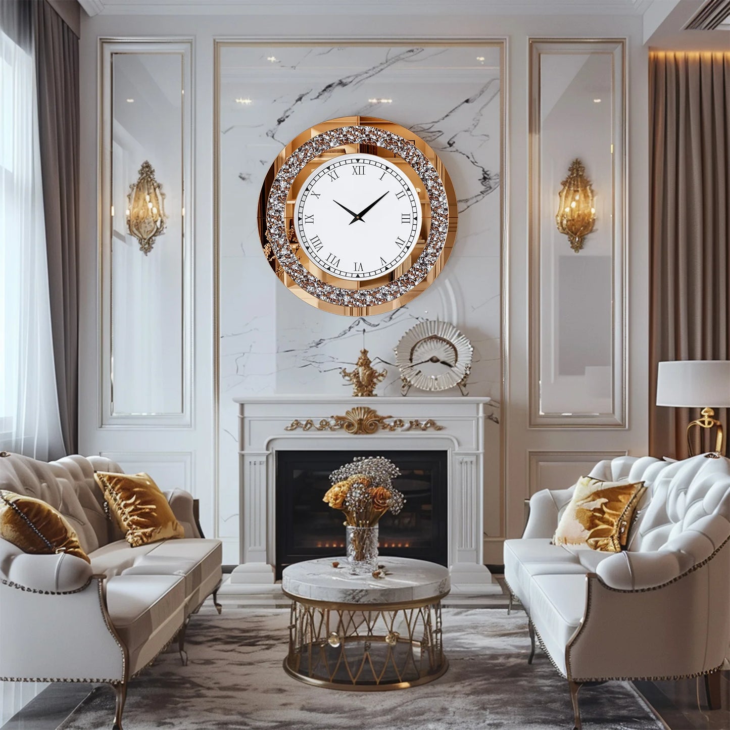 Round Mirror Wall Clock With Crystal Sparkle Accents
