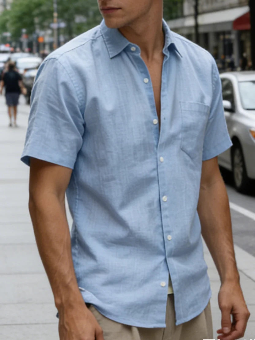 Men Slim Fit White Linen Short Sleeve Shirt Point Collar Chest Pocket Full Button Down Lightweight Textured Breathable Summer Business Casual Top