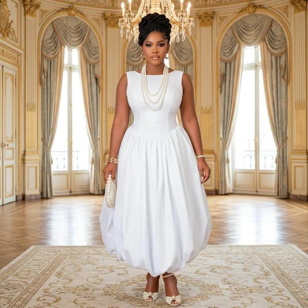 Elegant Women Sleeveless Round Neck Midi Dress With Bubble Hem
