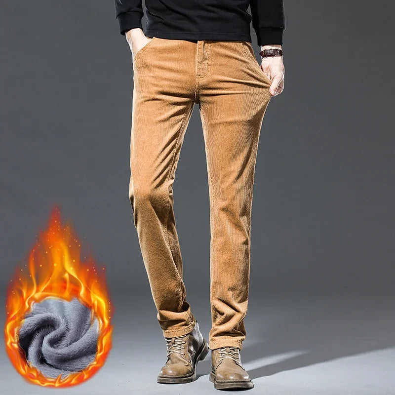 Winter New Men's Corduroy Fleece Casual Pants Warm Thick Classic Fashion Straight Plush Velvet Trousers Brand Clothing Male