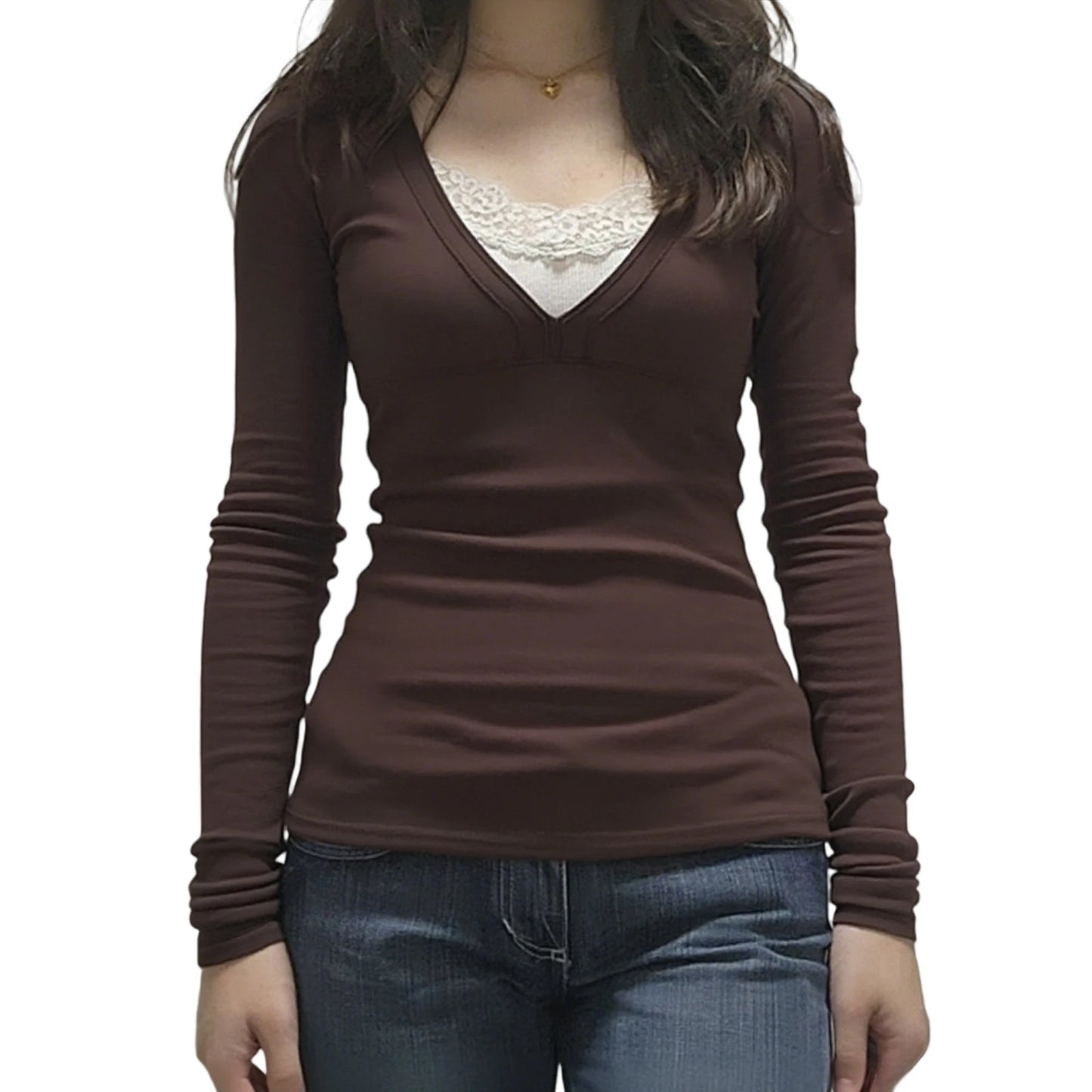 Women s Stylish V Neck Lace Patchwork  Fit Long Sleeve Pullover Top for Fall Fashion Statement