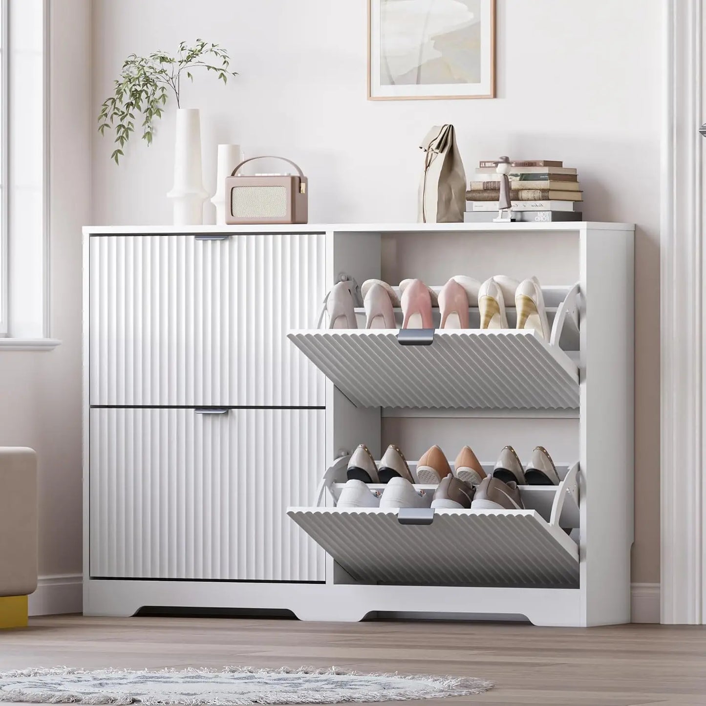 Shoe Cabinet For Entryway With Four Flip Drawers And Shelves
