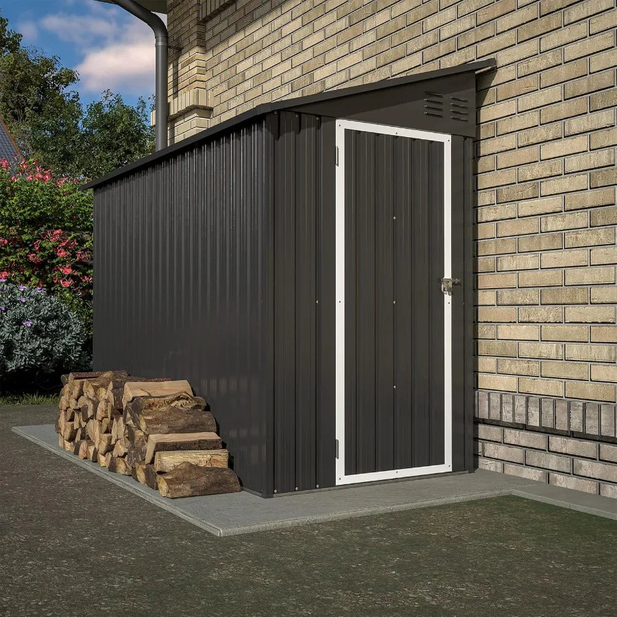 4' x 8' Metal Wall Side Storage Shed for Outdoor Use in Garden Backyard and Patio Durable Black Outdoor Storage Cabinet with Le
