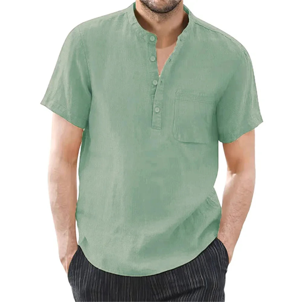 Men's Short Sleeve Cotton Linen T Shirt Casual Breathable Summer