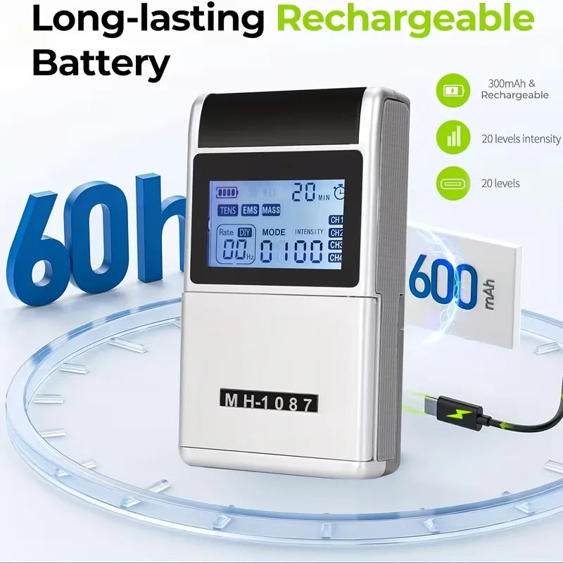 TENS EMS Rechargeable TENS Digital Device and Accessories, 20 Levels of Intensity, 48 Modes, 8 Electrode Pads, with a Carry Case