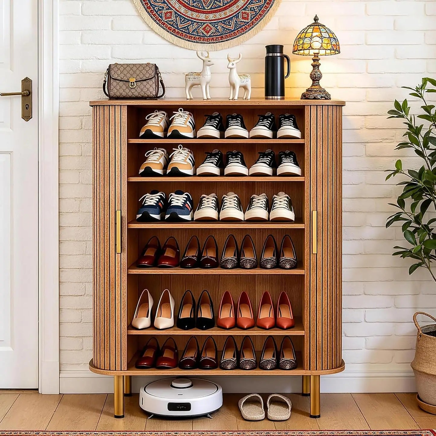 Shoe Storage Cabinet With Sliding Door 6-Tier Modern