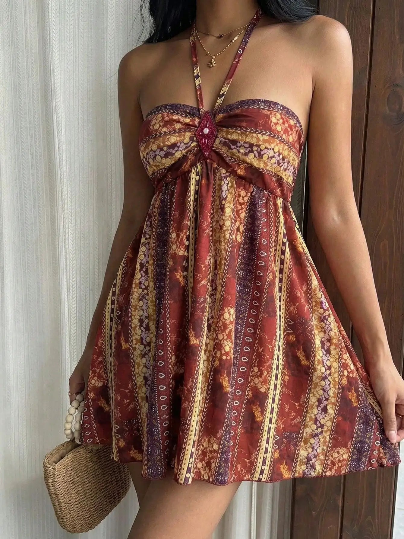Bohemian Paisley Sequin Rhombus Halter Mini Dress For Women