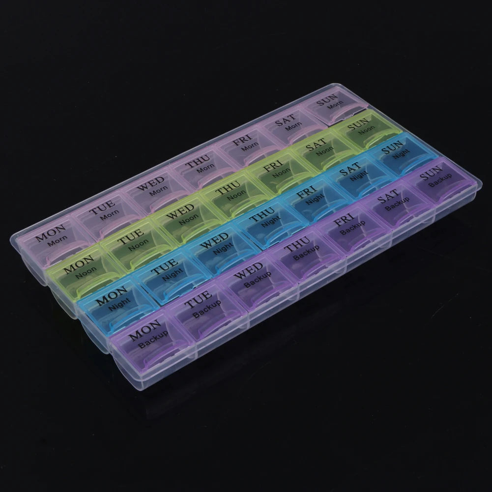 Portable 28 Compartment Weekly Medicine Pill Dispenser Case
