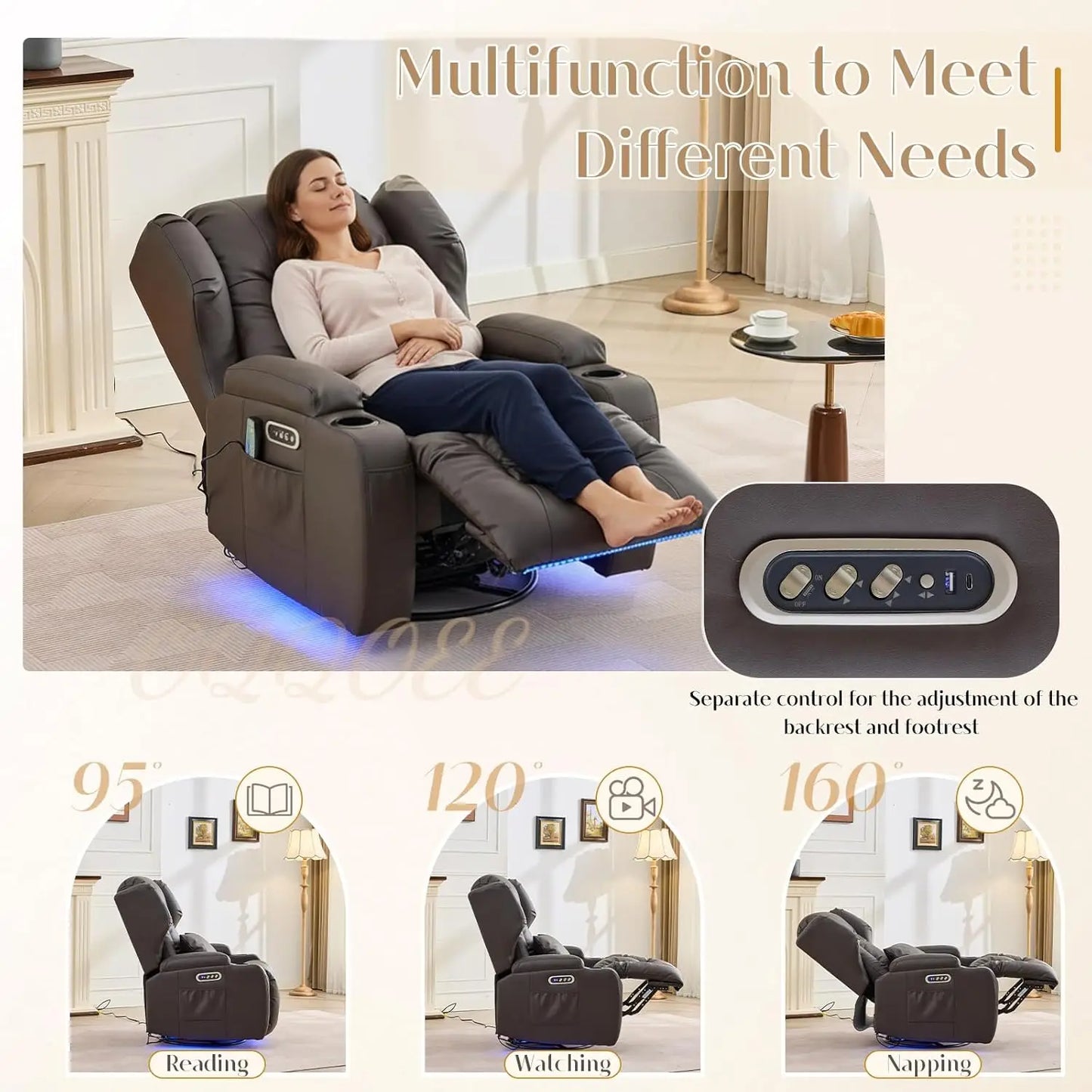Power Swivel Rocker Recliner Chair with Massage & Heat, Dual Motor Electric Glider Rocking Recliner with USB Ports,, Customized