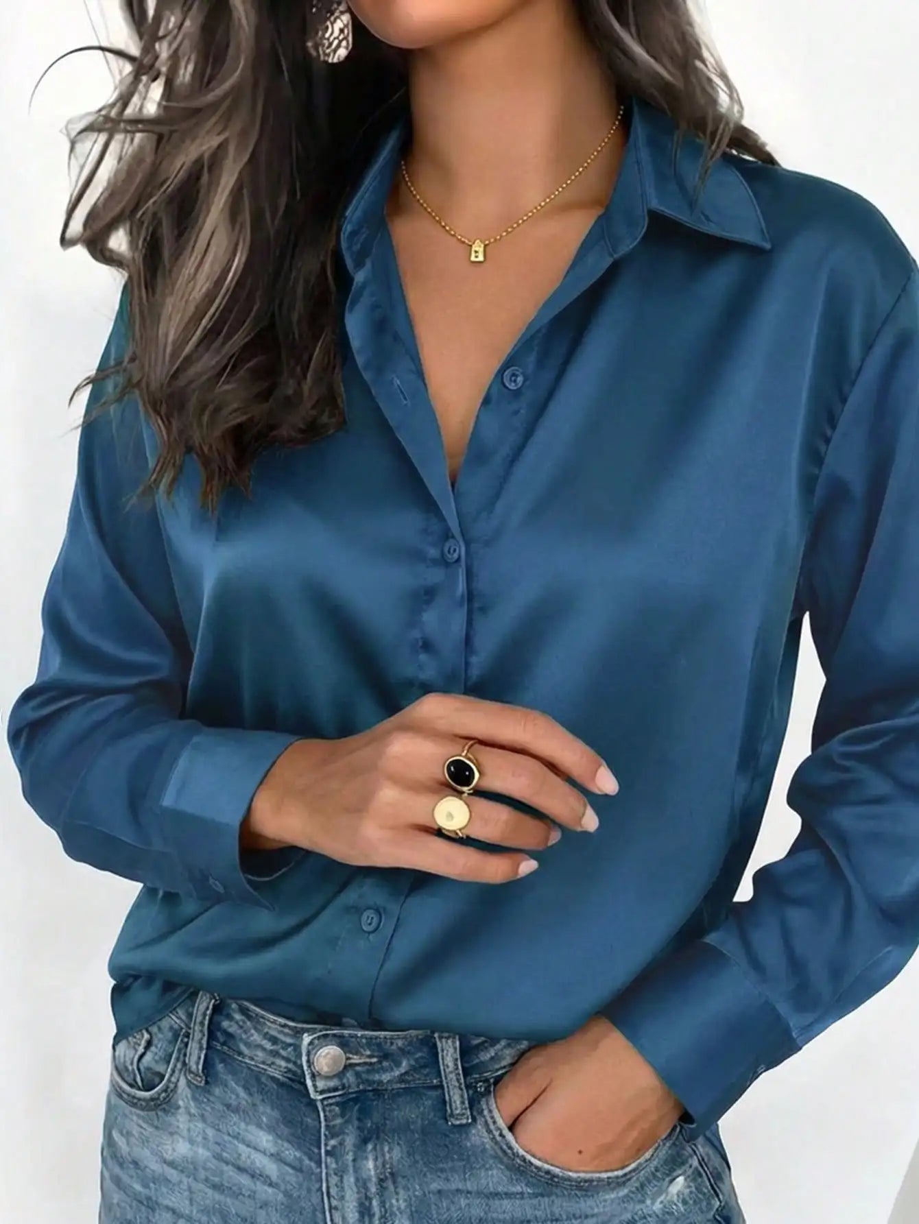 Womens Satin Button Up Blouse Office Or Casual Wear