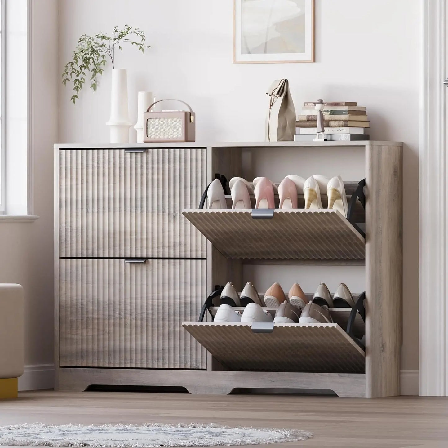 Shoe Cabinet For Entryway With Four Flip Drawers And Shelves