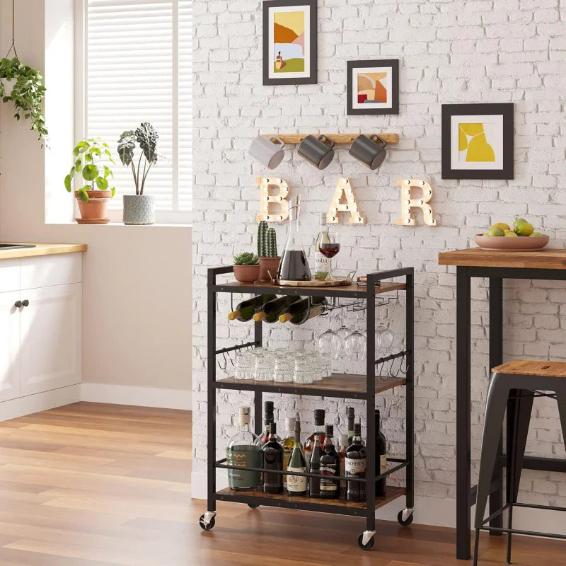 Home Bar Serving Cart With Wine Rack And Glass Holders