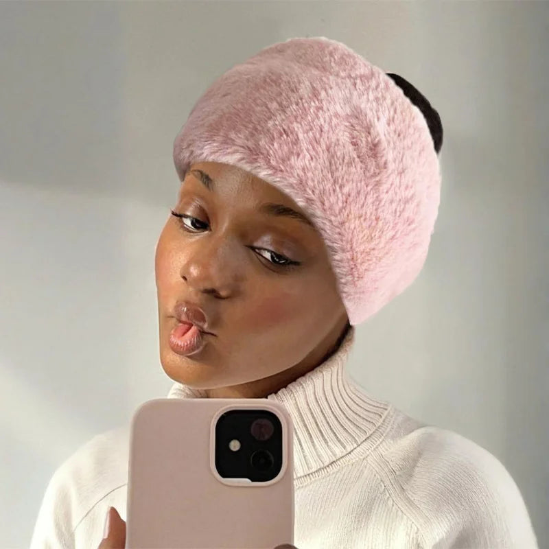 NONECN Fluffy Plush Headband Ear Warmer For Women Wearable