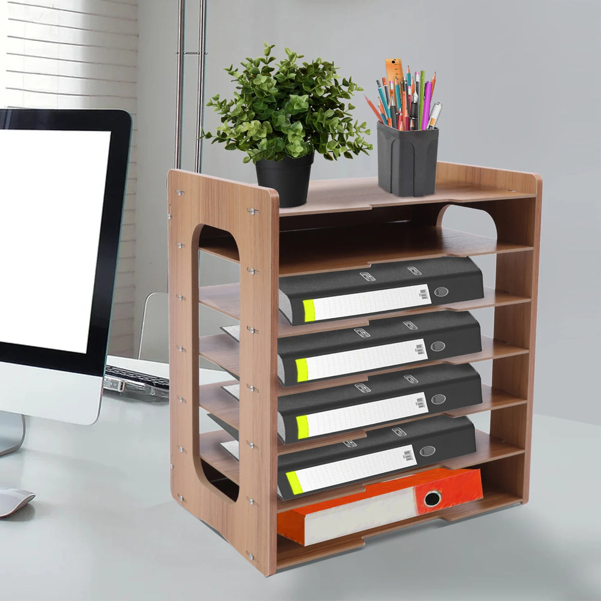 Wooden Desktop Paper Organizer With Seven Tier File Holder and Letter Tray