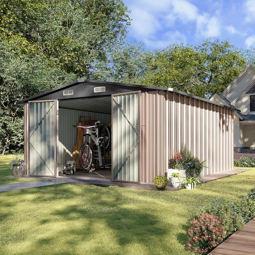 10x12FT Outdoor Storage Shed with Double Hinged Large Door Utility Garden Shed with Lockable Door & Sloped Roof Metal，Customized
