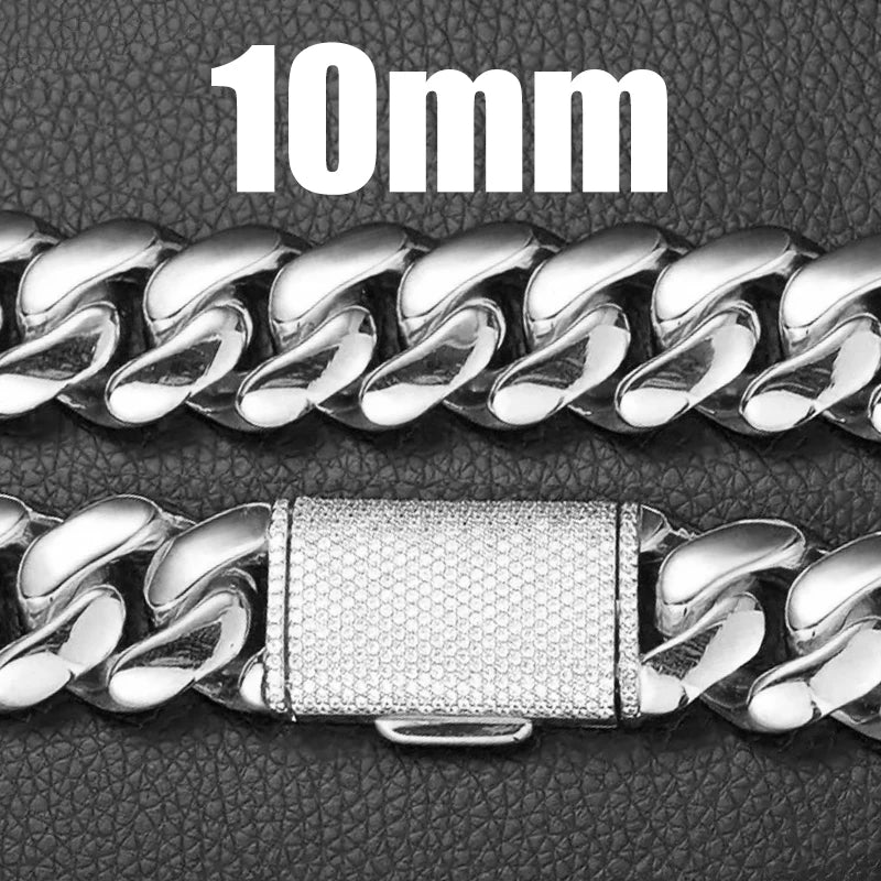 8/10/12/14mm  Solid Stainless Steel Cuban Miami Link Chain Necklaces for Men Hip Hop Bling Iced out Rapper Jewelry