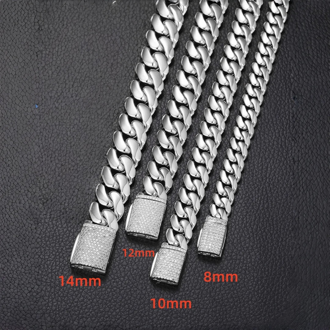 8/10/12/14mm  Solid Stainless Steel Cuban Miami Link Chain Necklaces for Men Hip Hop Bling Iced out Rapper Jewelry