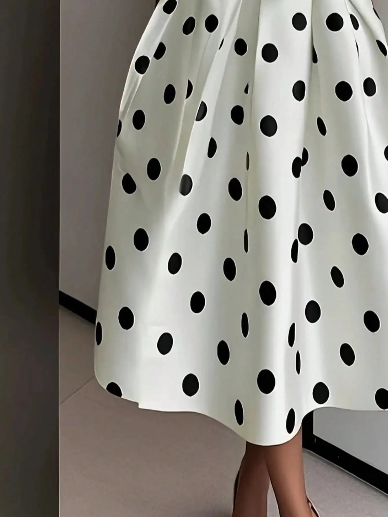 Elegant White Polka Dot Wrap Dress with Belted Waist and A-Line Skirt