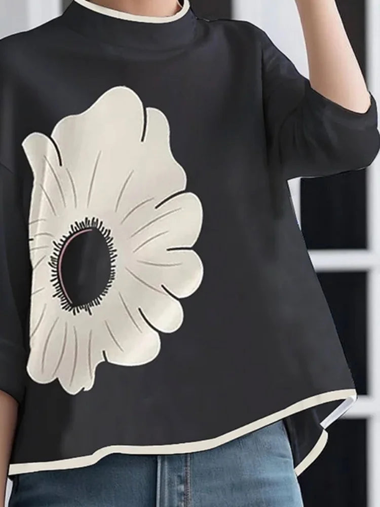 OSHOPLIVECN Womens Flower Printed Mock Neck T Shirt