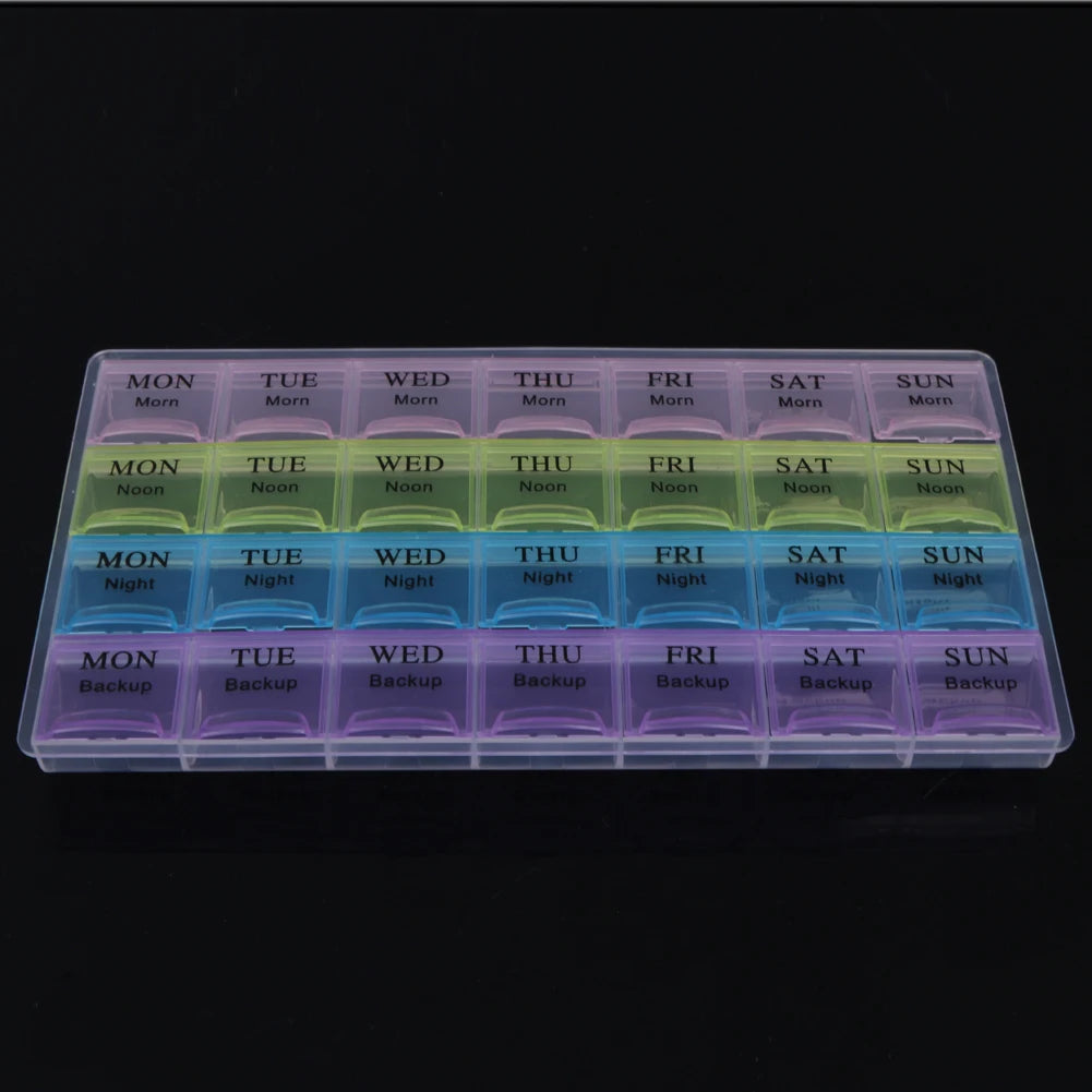 Portable 28 Compartment Weekly Medicine Pill Dispenser Case