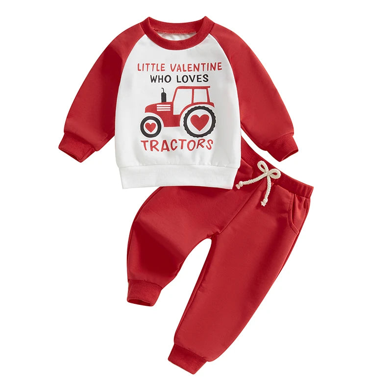Toddler Boy Valentine s Day Outfit Tractor Graphic Long Sleeve Sweatshirt and Elastic Waist Jogger Pants Set for Baby Boy