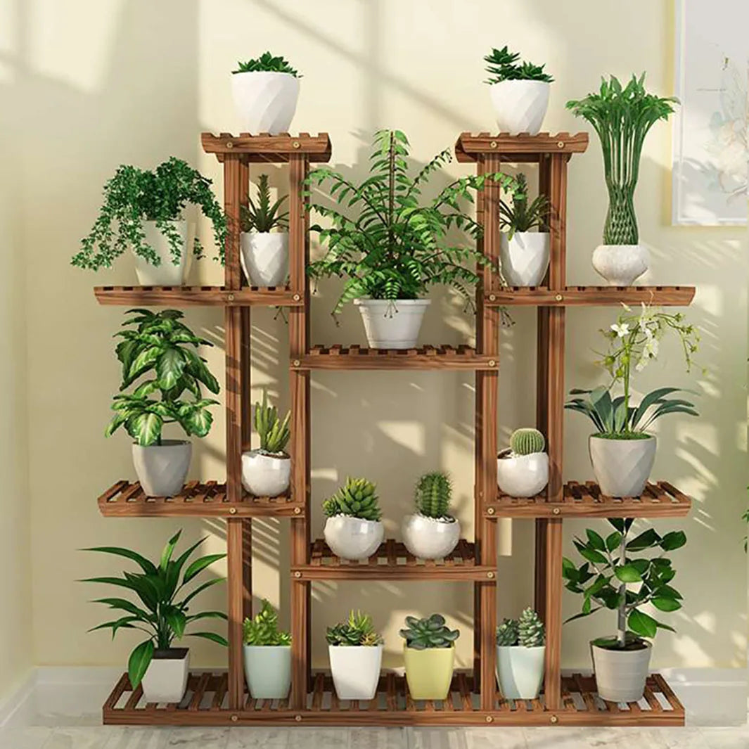 11 Tier Wood Plant Stand Carbonized Pot Display Shelf For Indoor Outdoor Decor