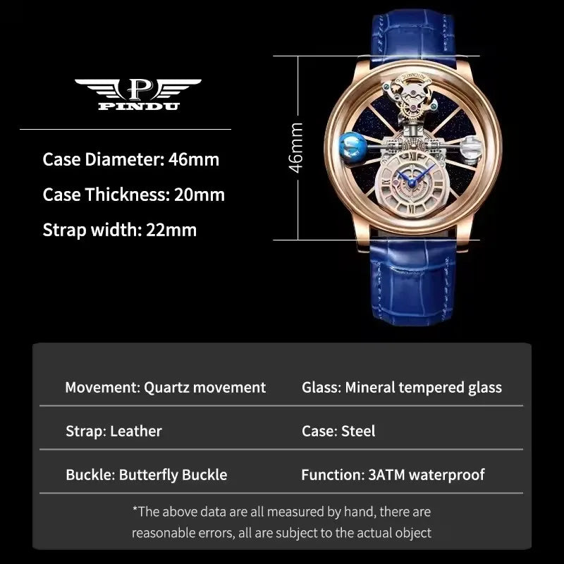 PINDU Transparent Hollow Celestial Roulette Quartz Leather Mens Watch