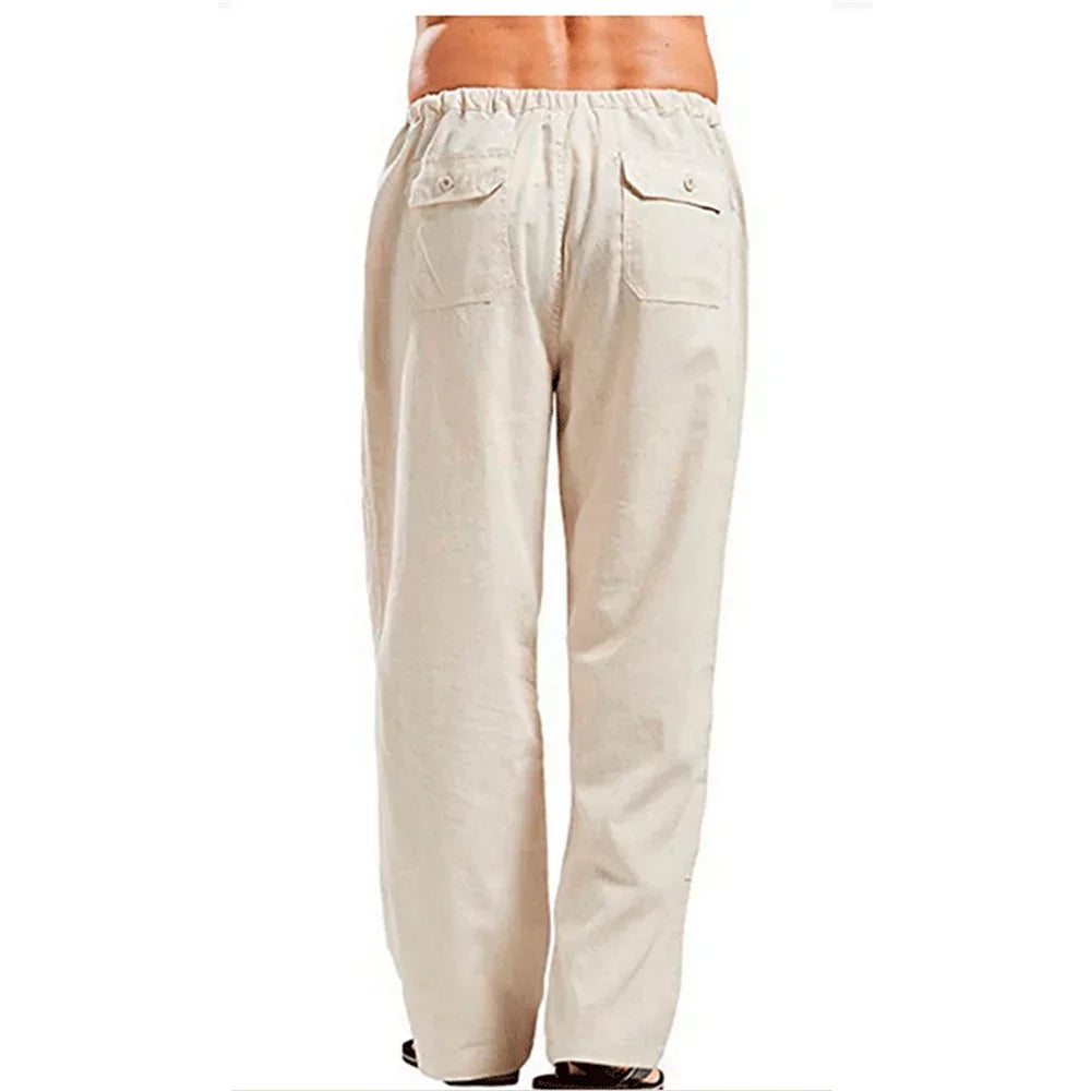 Mens Cotton Linen Pants Summer Breathable Trousers With Elastic Waist