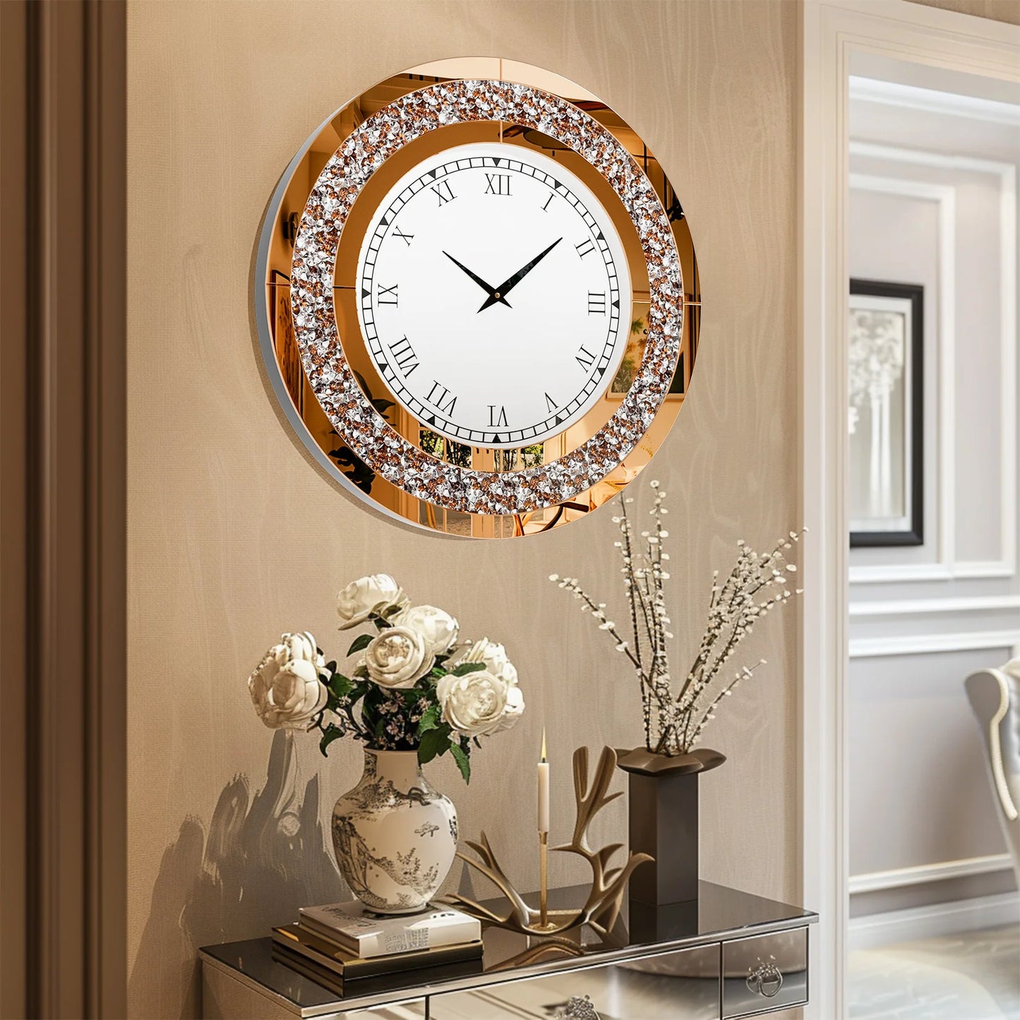 Round Mirror Wall Clock With Crystal Sparkle Accents