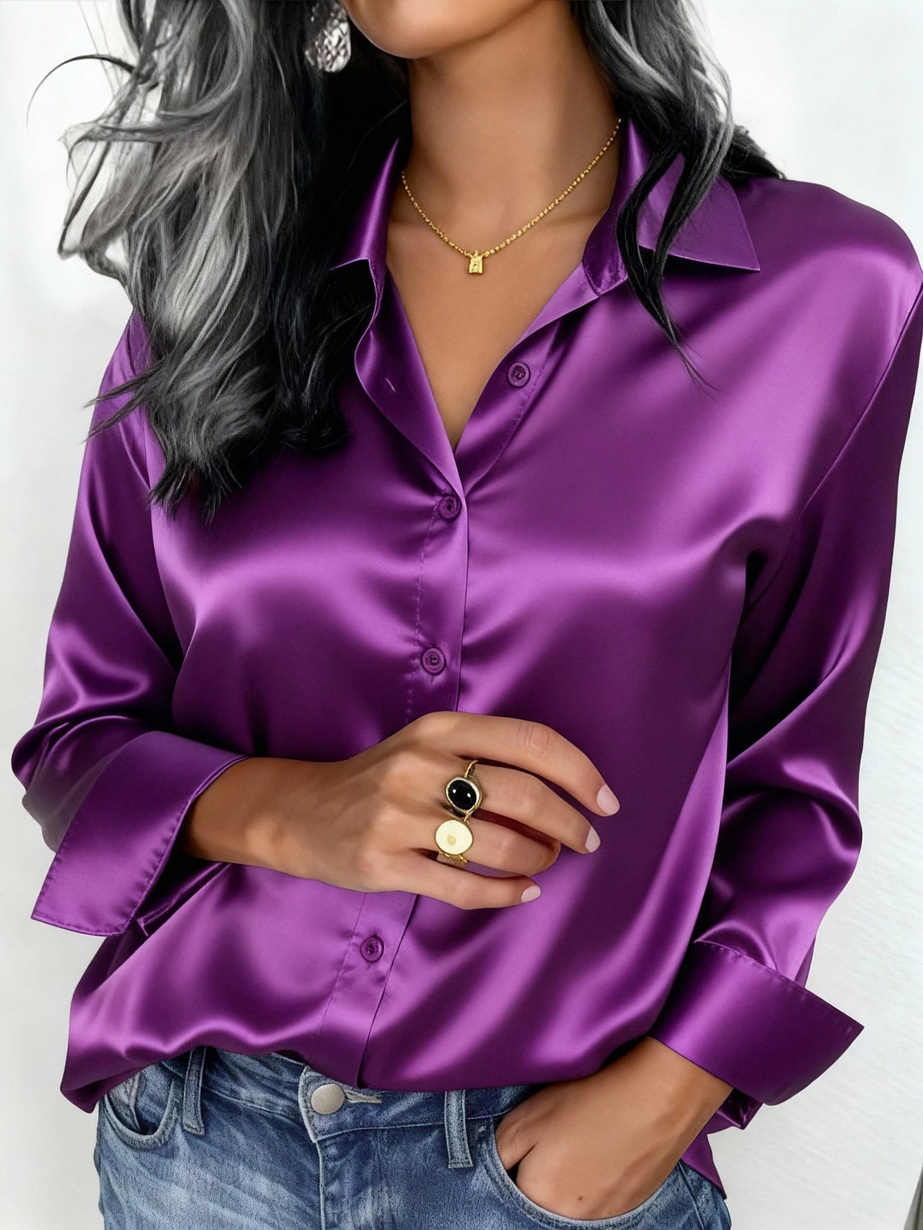 Womens Satin Button Up Blouse Office Or Casual Wear