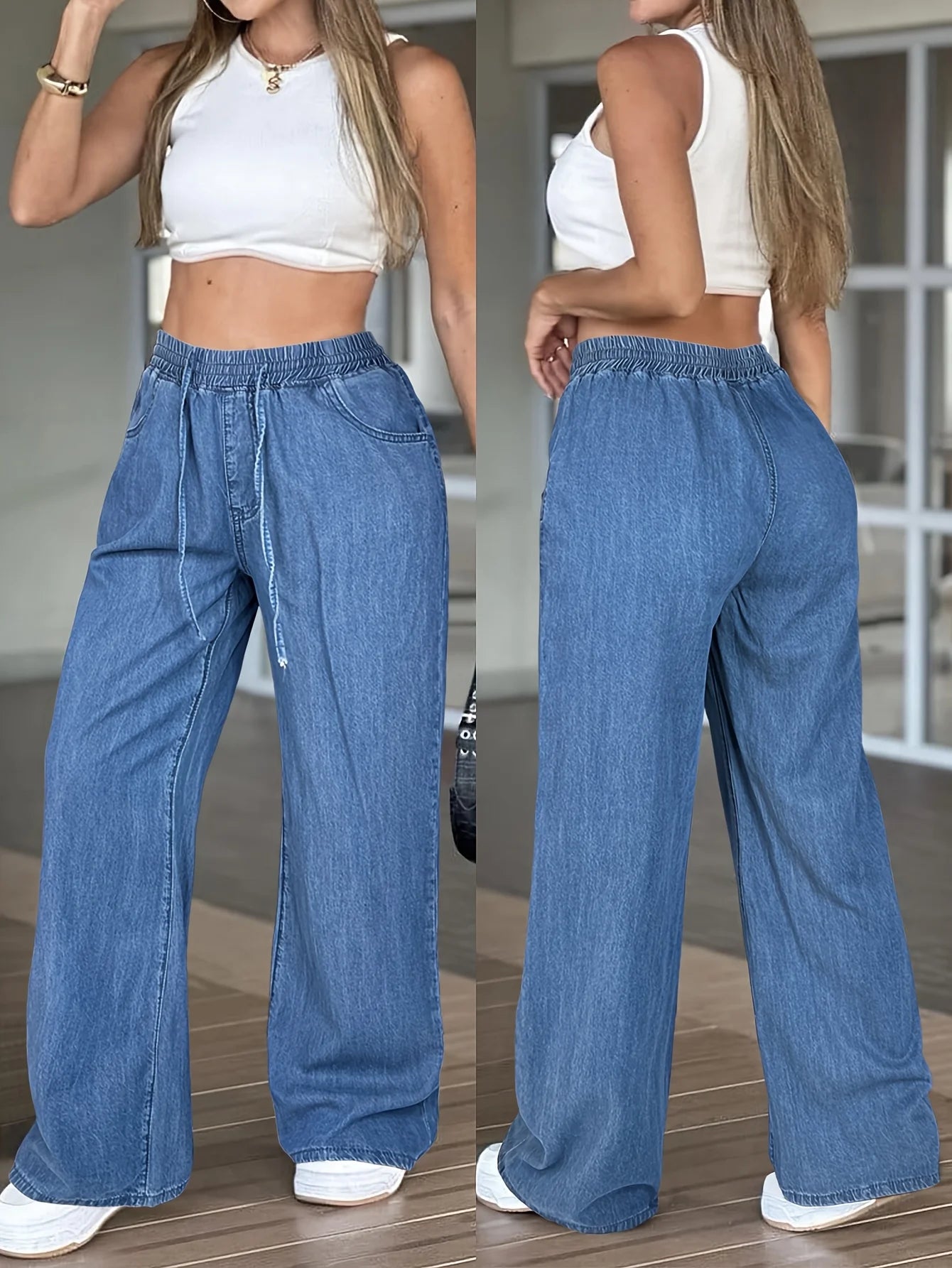 Women's Lightweight High-Waisted Straight Jeans With Drawstring Waistband