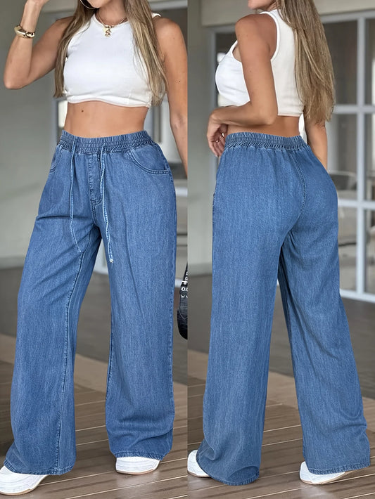 Women's Lightweight High-Waisted Straight Jeans With Drawstring Waistband