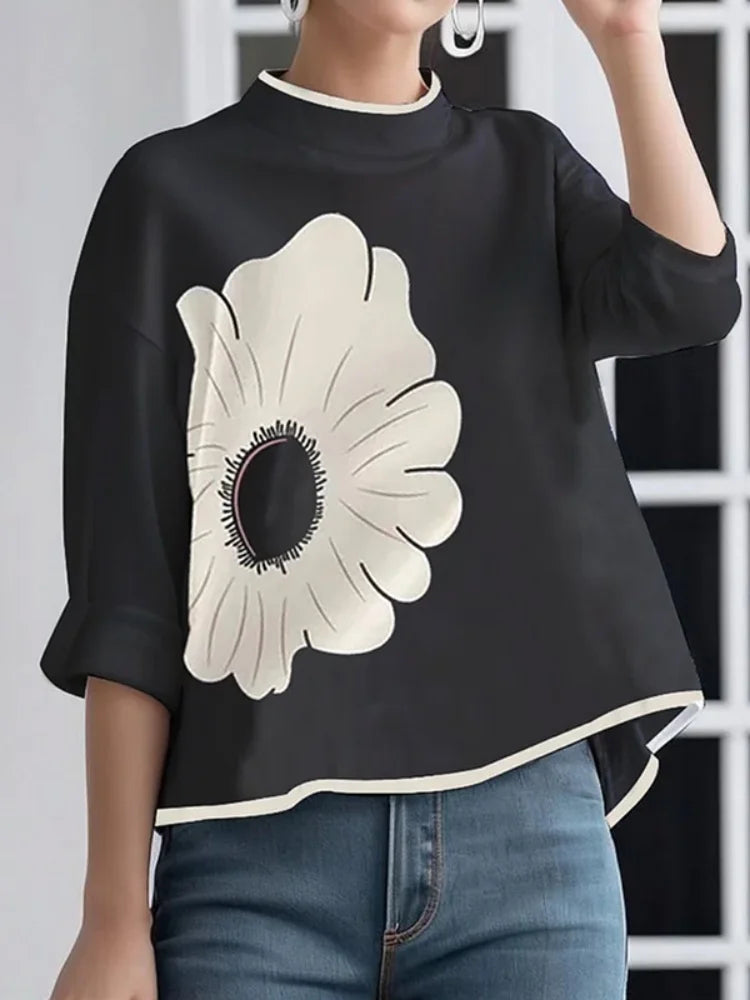 OSHOPLIVECN Womens Flower Printed Mock Neck T Shirt