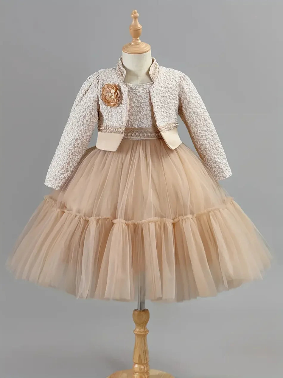 NONECN Girls Dress Set Floral Lace Coat Outfit for Princess