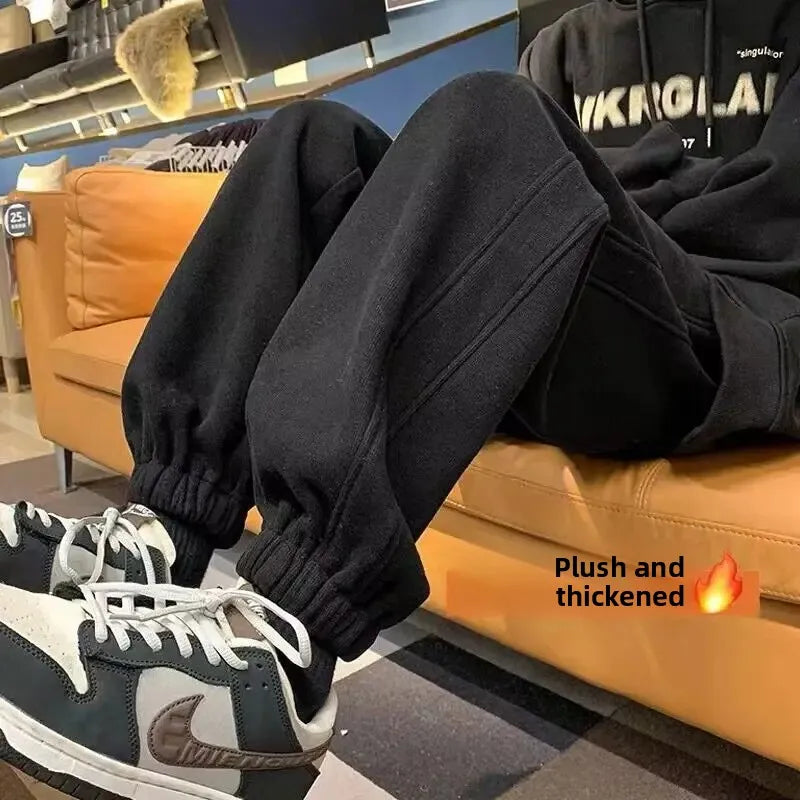 Men's Loose Fit Fleece Lined Drawstring Trousers Autumn Winter New Style Casual Sports Pants Warm American Style Loose Sweatpant