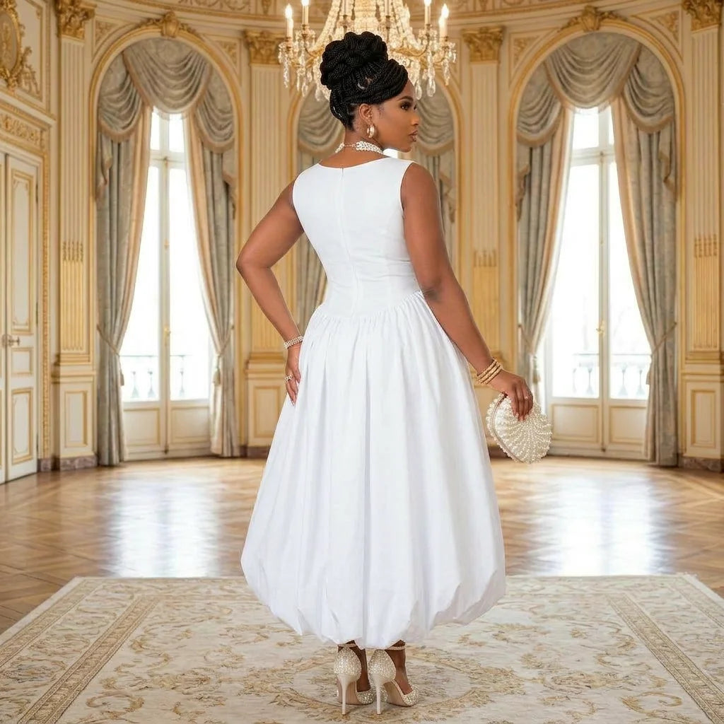 Elegant Women Sleeveless Round Neck Midi Dress With Bubble Hem